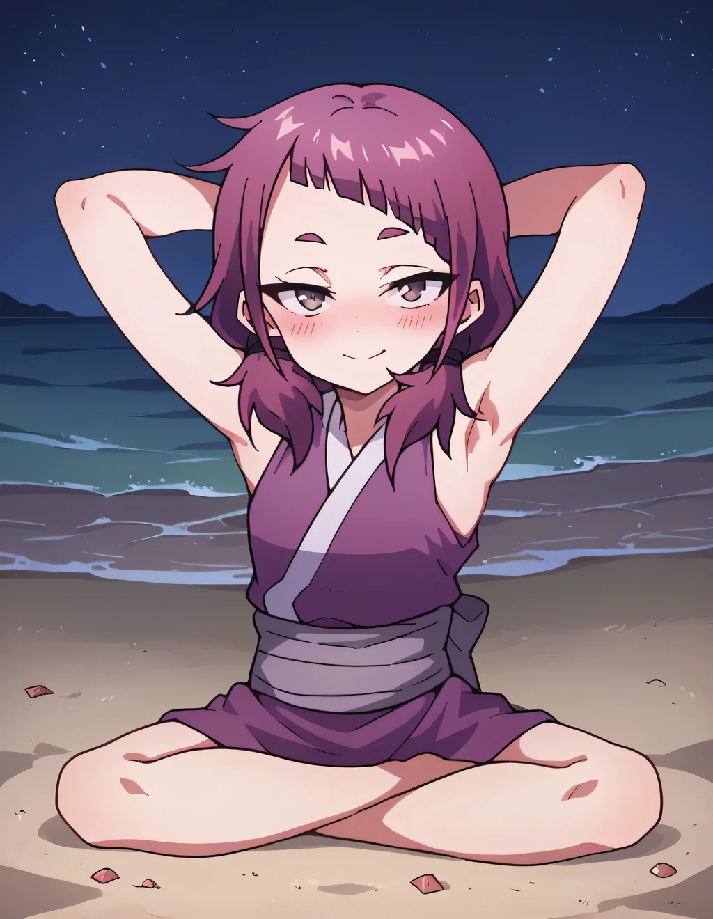 NSFW,masterpiece,Highest quality,High resolution,Very detailed,Helena Blavatsky\(Fate/grandorder\)、Purple Hair、short hair、（Purple eyes：1.1）,(High-quality bikini),High leg,Small breasts,beach,Palm tree,Rock Shade,(Ecstasy face),(Lustful face),Melted face,Embarrassed,blush,(Young men),,(Have sex),Are standing,Spread your legs
