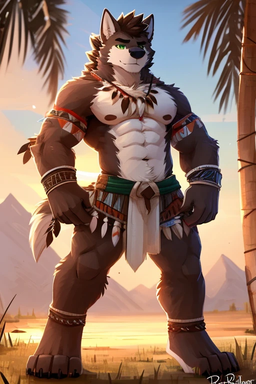 (great quality), lobo, alone, detailed face, detailed body, 5 fingers, Detailed hands, green eyes, detailed eyes, short hair, 2 arms, whole body, brown fur, ((creative pose to draw it)), to the screen, ((tribal)), ((pelvic floor)), ((Posing)), ((chest up approach)), por pache riggs