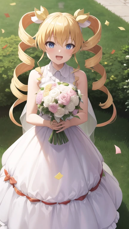 masterpiece, best quality, highres, aaharvey, long hair, twintails, twin drills, hair ribbon, wedding dress, standing, garden, confetti, holding bouquet, smile, open mouth,