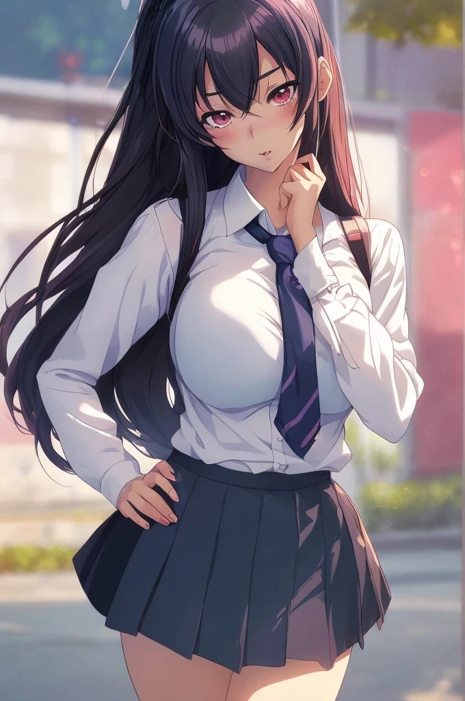 (highest quality:1.2, Anime artwork, Very detailed, High Detail, digital coloring, High Contrast, masterpiece:1.2, highest quality, Best aesthetics), (((kitagawa marin, 1 girl))), Black Hair, Straight long hair, Pink gradient hair,heart shaped pupils,hotel, Earrings, White shirt, Black choker, Blue tie, Checked skirt, Pouting, slouch, Are standing, Cowboy Shot, bustling street, lift skirt myself,skirt lift,show panty,panty,lingerie,embrassing,hot,looking at viewer