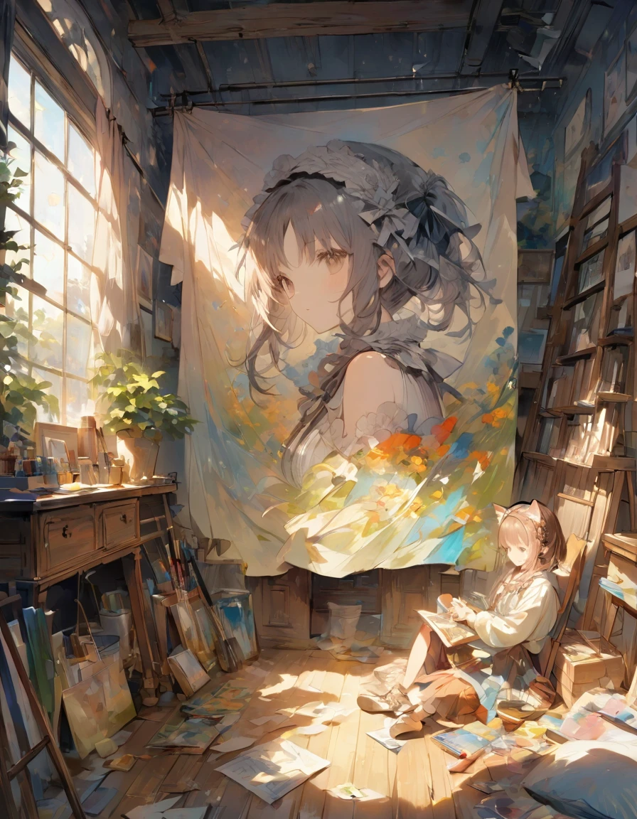 ((Highest quality)), ((masterpiece)), (detailed), 8k、Creative activities in the atelier: 「A scene of a woman painting in her home studio。The cat lies at her feet、Sometimes he tries to touch her paints.。Bright sunlight pours in through the window、Finished works and art supplies are scattered around the room.。Her face shows creative focus。」、Conceptual Art、jpeg artifacts、First Person View、Ultra-high resolution、Anatomically correct、Attention to detail、超detailed