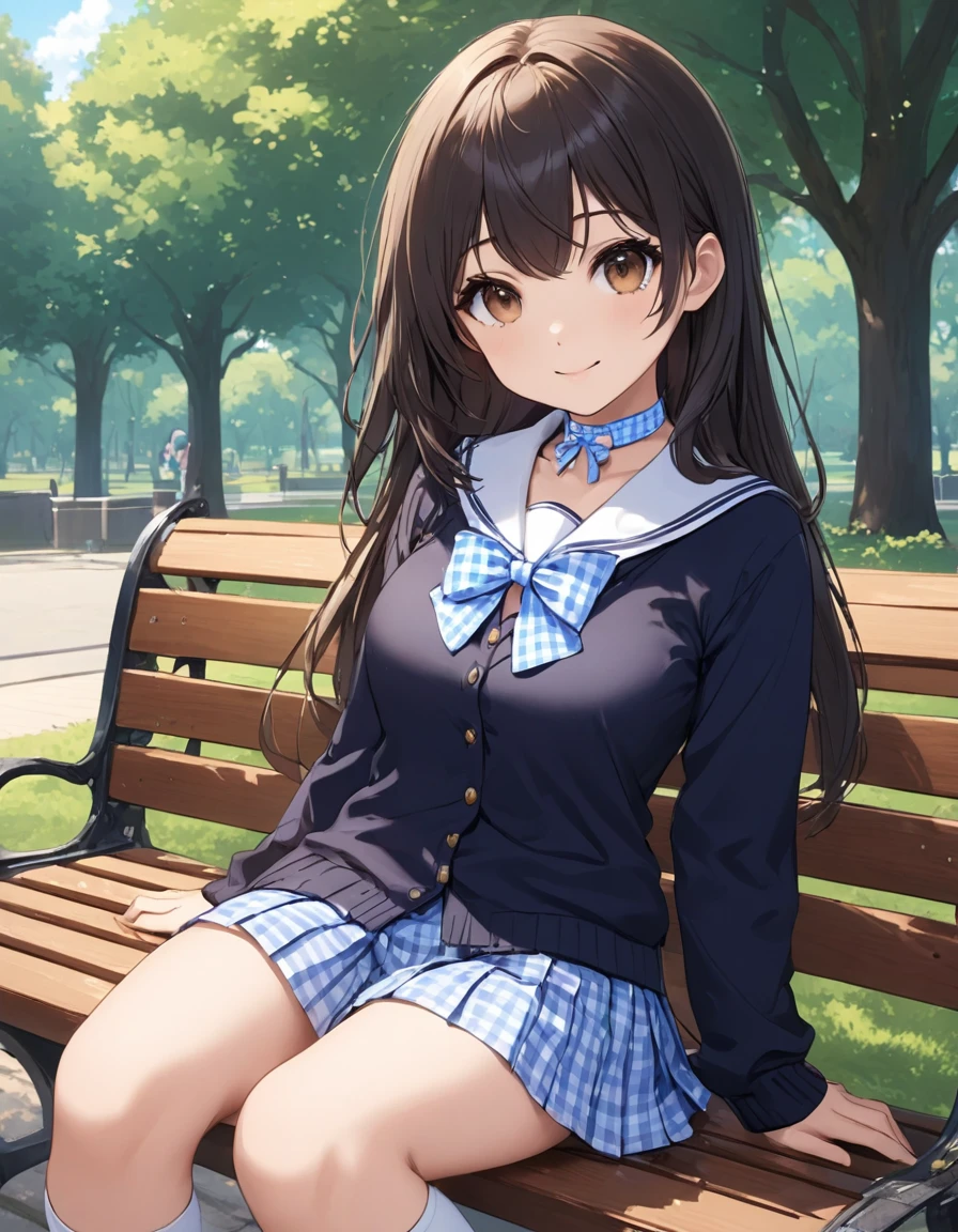 4k, bestquality, detailed, detailed scenery, detailed eyes, 1Girl, cute, adorable, straight hair, long hair, black hair, brown eyes, cleavage, smiling, looking at the camera, Background a park, (sitting on Park bench:1.5), cute school uniform, outerwear is (dark navy cardigan:1.5), open front, innerwear is white shirt, (light blue gingham plaid ribbon on neck), light blue gingham plaid pleated skirt, mini skirt, white socks, loafers,