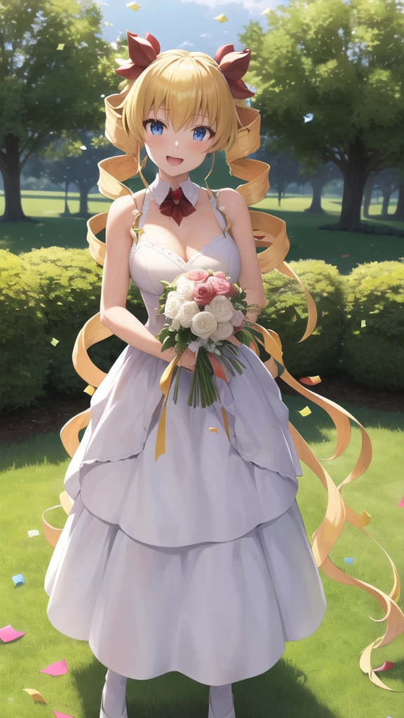 masterpiece, best quality, highres, aaharvey, long hair, twintails, twin drills, hair ribbon, wedding dress, standing, garden, confetti, holding bouquet, smile, open mouth,