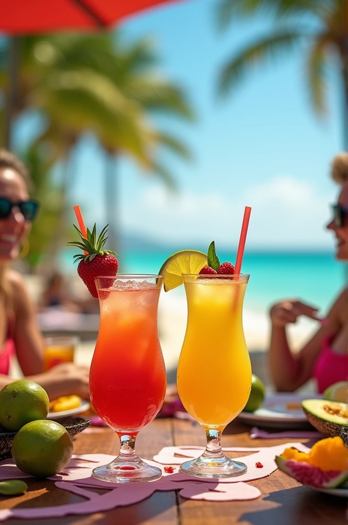 ultra realistic, photography, three people: one girl with long straight red hair, (24 years old, hourglass figure, perfect body, natural medium breasts, she is wearing a sexy bikini), the other girl: long black straight hair, (30 years old, hourglass figure, perfect fit body, natural big breasts, she is wearing a hot tight micro-bikini), they are sitting at a beach bar, men are serving them drinks, perfect round cleavage, sunny hot day, next to them is a handsome man with brown short hair at the beach in his swimwear, he has a big bulge visible in his trunks, the girls are looking down at his loins and biting their lips seductively