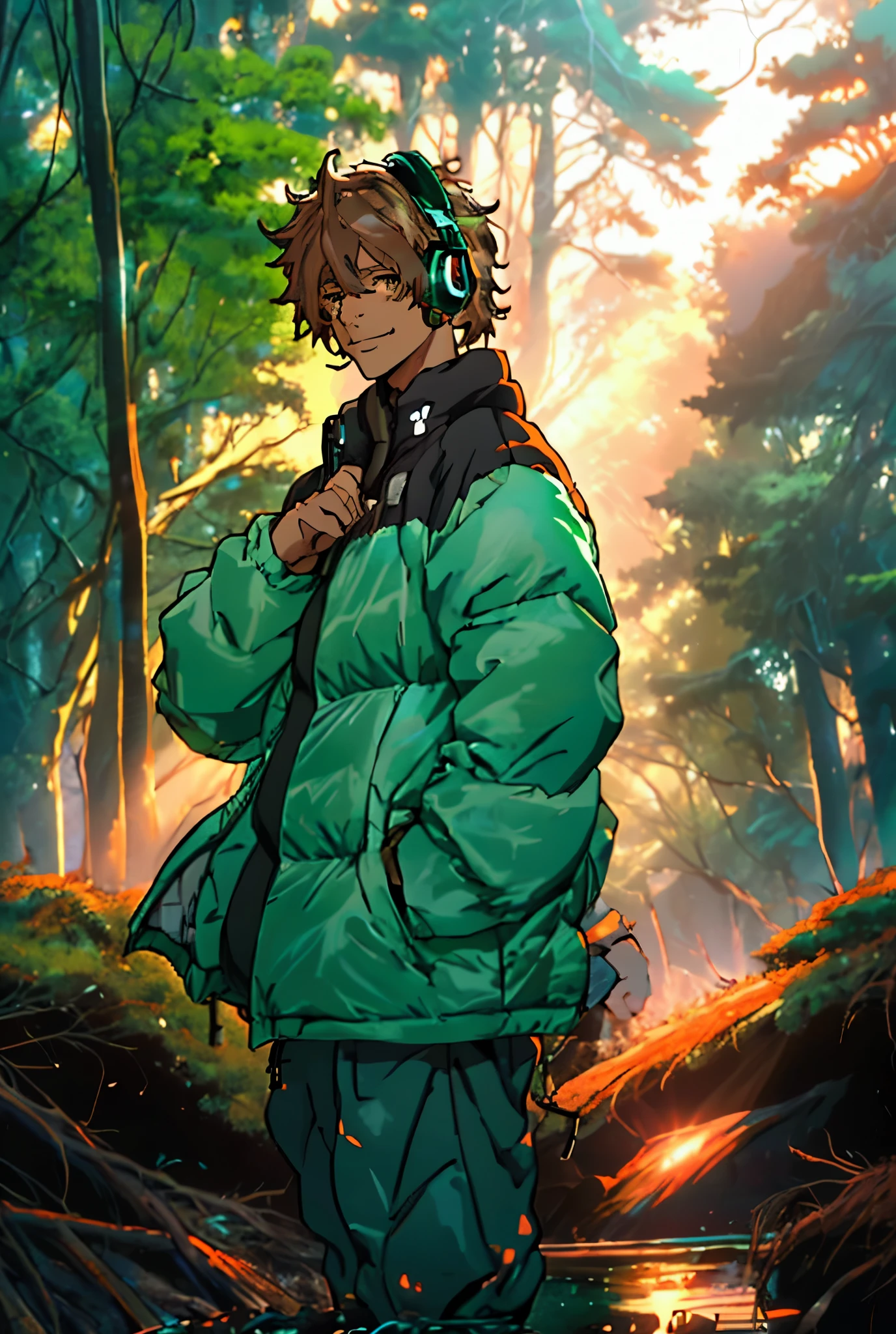 Man average height Brown hair, Slightly straight and messy Kind eyes with emerald green irises Slight smile Light skin Urban and colorful clothing style Slightly athletic build Manga style Dark environment Detailed image background in gray and light blue tones Forest at sunset With headphones 