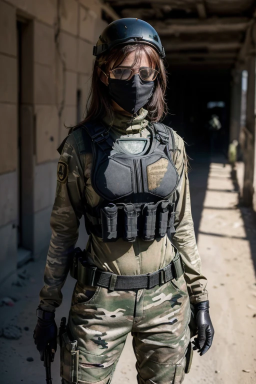 ((​masterpiece、top-quality、realisitic、ultra-detailliert、hight resolution、Photorealsitic、foco nítido、lighting like a movie))、Stunning portrait of a beautiful woman、bustshot、Focus from the chest up、sad Facial expression、Beautiful detailed eyeedium Hair、Army camouflage uniform、Camouflage Tactical Vest、Long trousers with camouflage pattern、Combat gloves、rucksack、Black Military Undershirt, White smoke、Detailed hand depiction、Latina, Gaza city in the backgorund, large breast