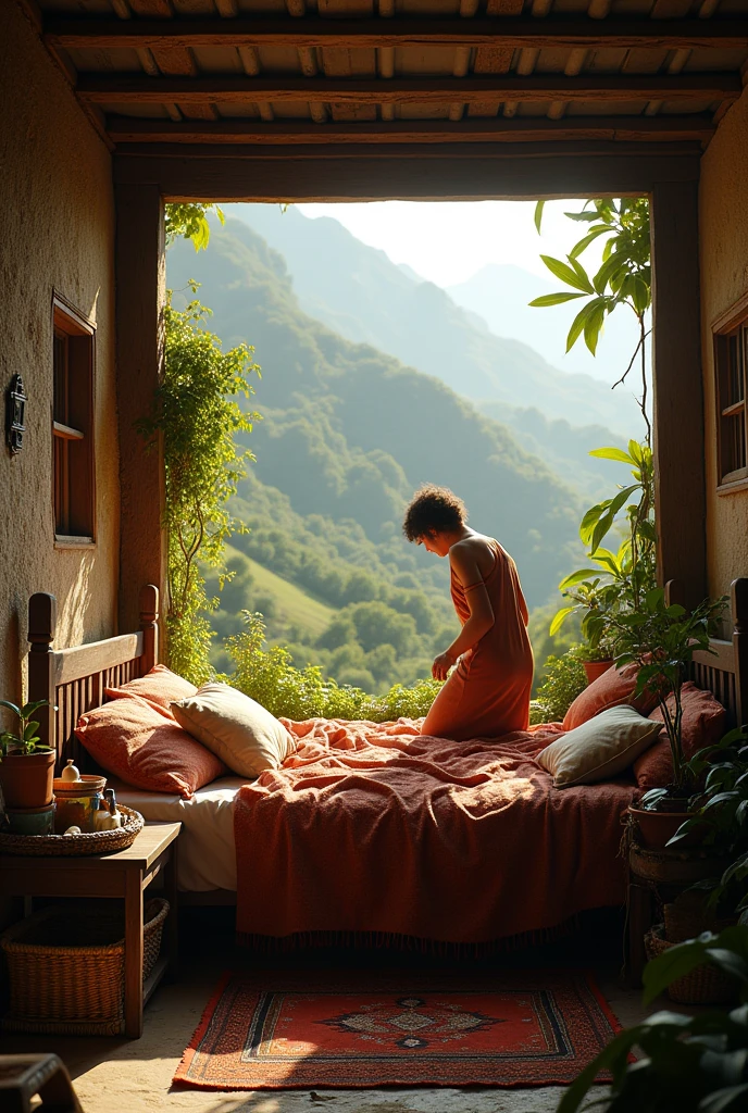 Naked women sleeping, room with open door showing a beautiful view of nature, Dawning, Gentle sunlight