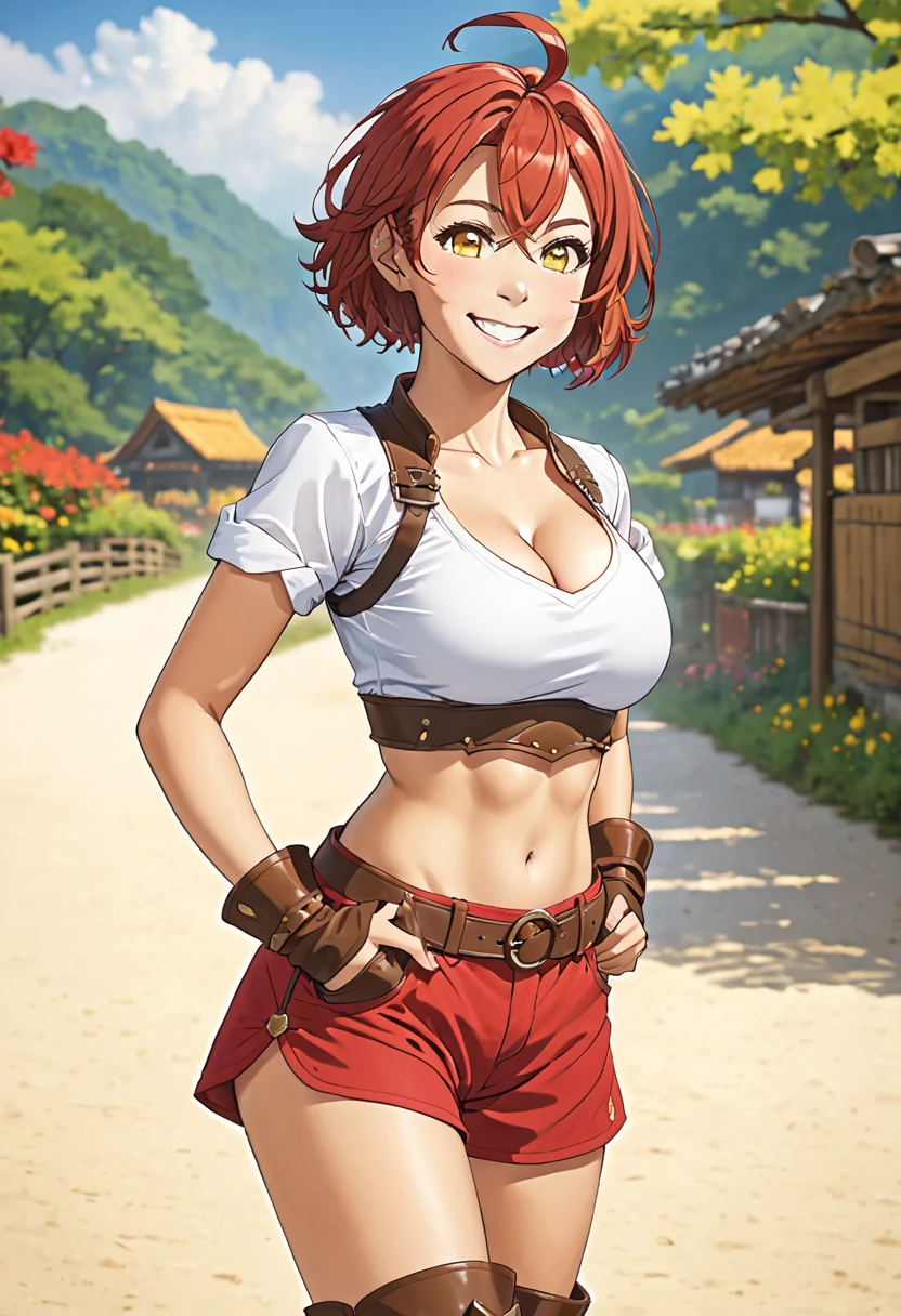 (woman, short medium red hair, ahoge, yellow eyes, smiling, tanned skin,) white shirt, cleavage, big breast, athletic body, exposed midriff, red shorts, boots, gaunlets, leather armor