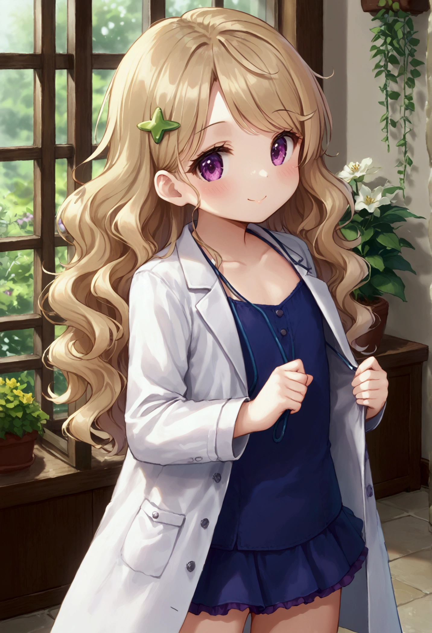 Small short young looking girl with a white lab coat on, wearing business casual and a cute short frilly skirt under the lab coat, long wavy hair, light blonde hair color, detailed curves, has scalpels in her lab coat pockets, flat chested, standing in a garden with a cute pose, cute hair pin, being playful and flirting.