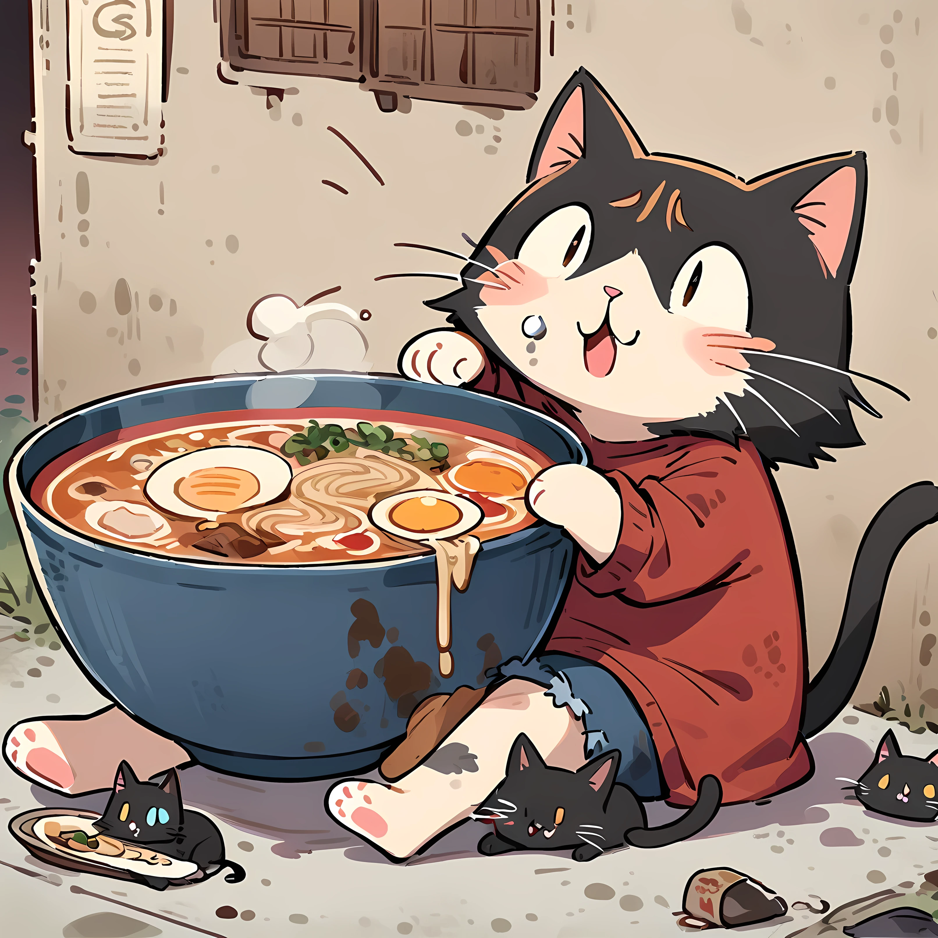 Cat, black cat, ramen, cat eating ramen,