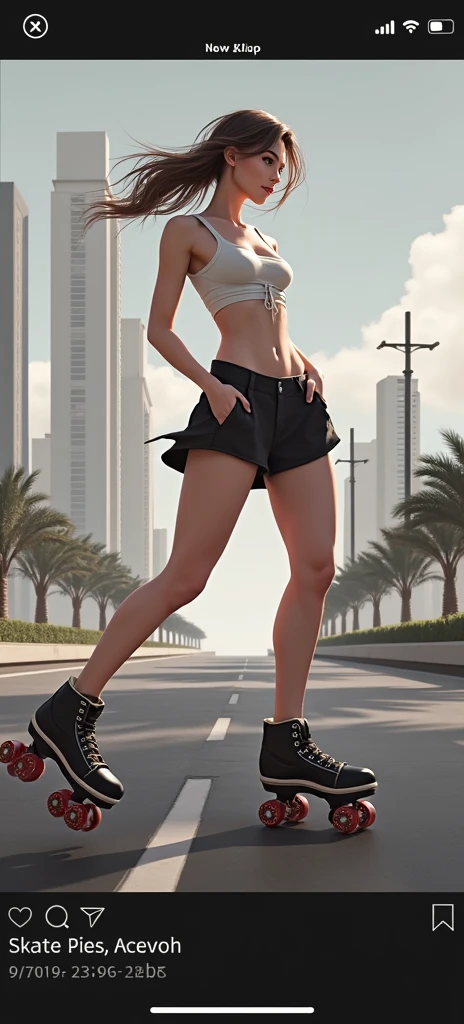 Giantess wearing athletic crop top and shorts, athletic body, gts city, city buildings, smoke, clouds, evil, realistic lighting, sneakers, from below