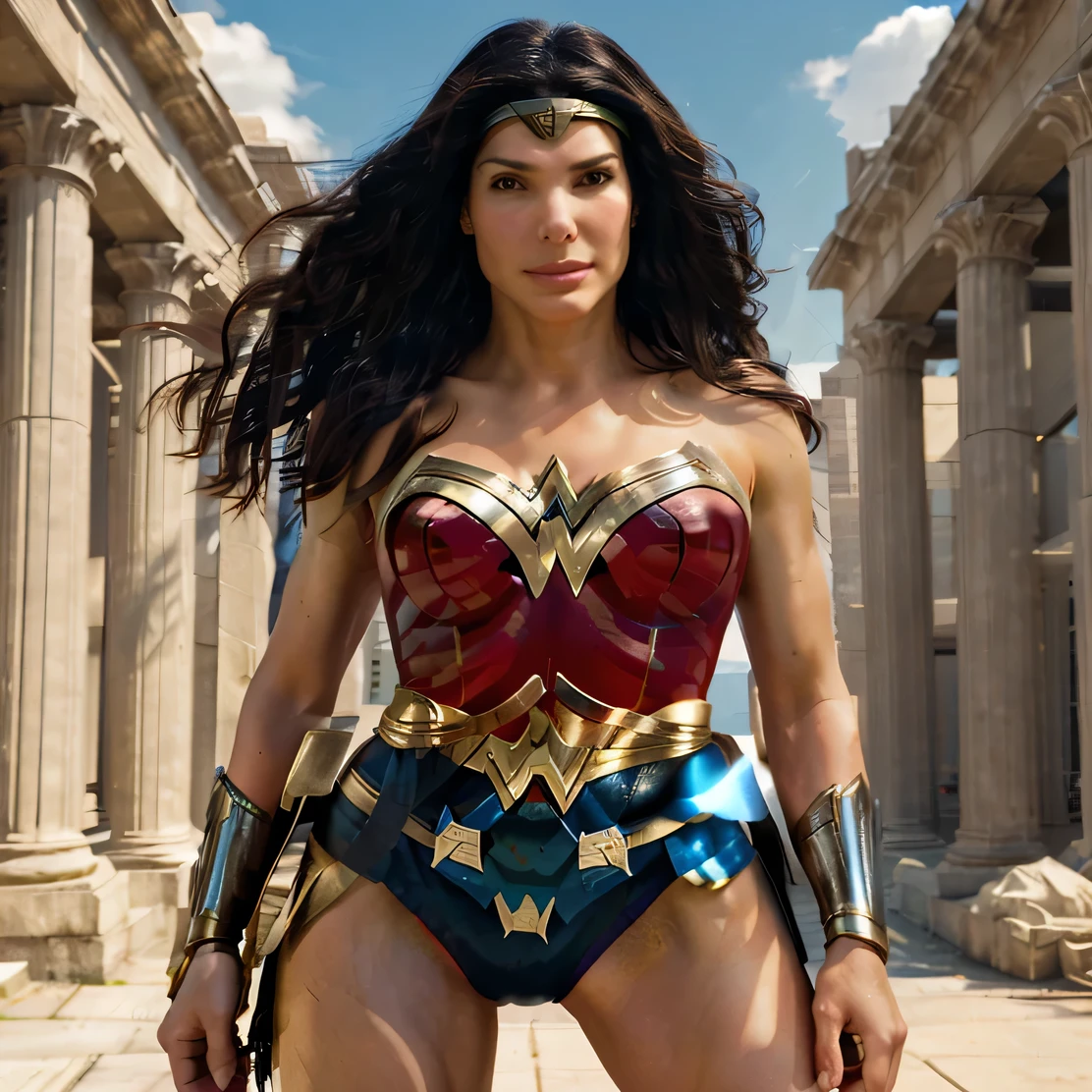 Sandra Bullock face,  a wonderful fantasy standing in front of a building, Wonder Woman, portrait of Wonder Woman, dressed as Wonder Woman, 8k