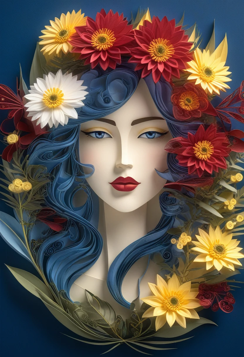 paperart, simple background,flower,leaf,blue background,plant,white flower,red flower,yellow flower, alluring portrait, intricate, highly detailed, digital painting, artstation, concept art, naughty, sharp focus, cinematic lighting, illustration, art by artgerm and greg rutkowski, alphonse mucha, cgsociety