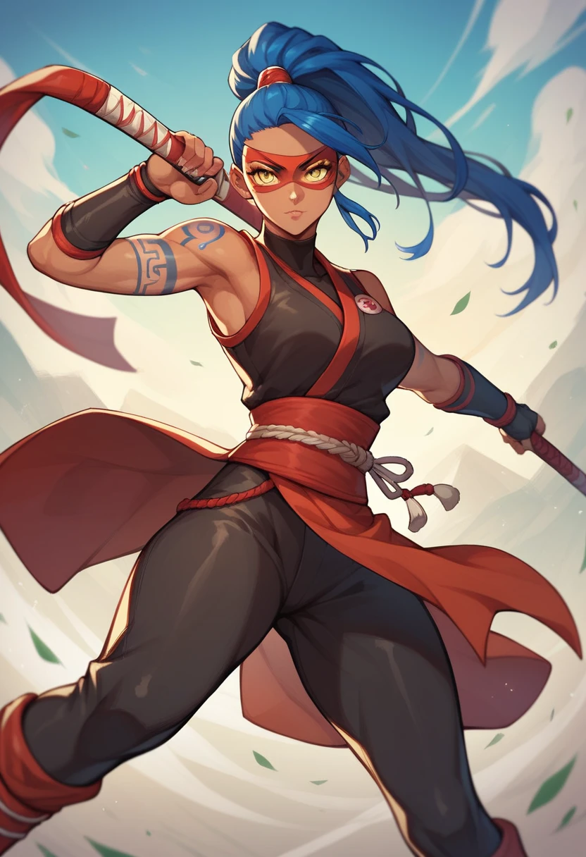 white background <lora:Ninja_XL:1> ninja, full body, wearing a scarf, classic costume, perfect eyes <lora:MadTale Style v2.0 XL:1> madtalestyle, (masterpiece), best quality, highres, 4k, 8k, cinematic lighting, amazing quality, amazing shading, soft lighting, Illustration, official artwork, anime style, wallpaper, official art, 1girl, Ponytail, small saggy boobs, Stocky body, silver eyes, Honey blonde hair, ultra detailed skin, ultra detailed face, perfect eyes, small skin imperfections, chromatic aberration, colorful, bright colors,