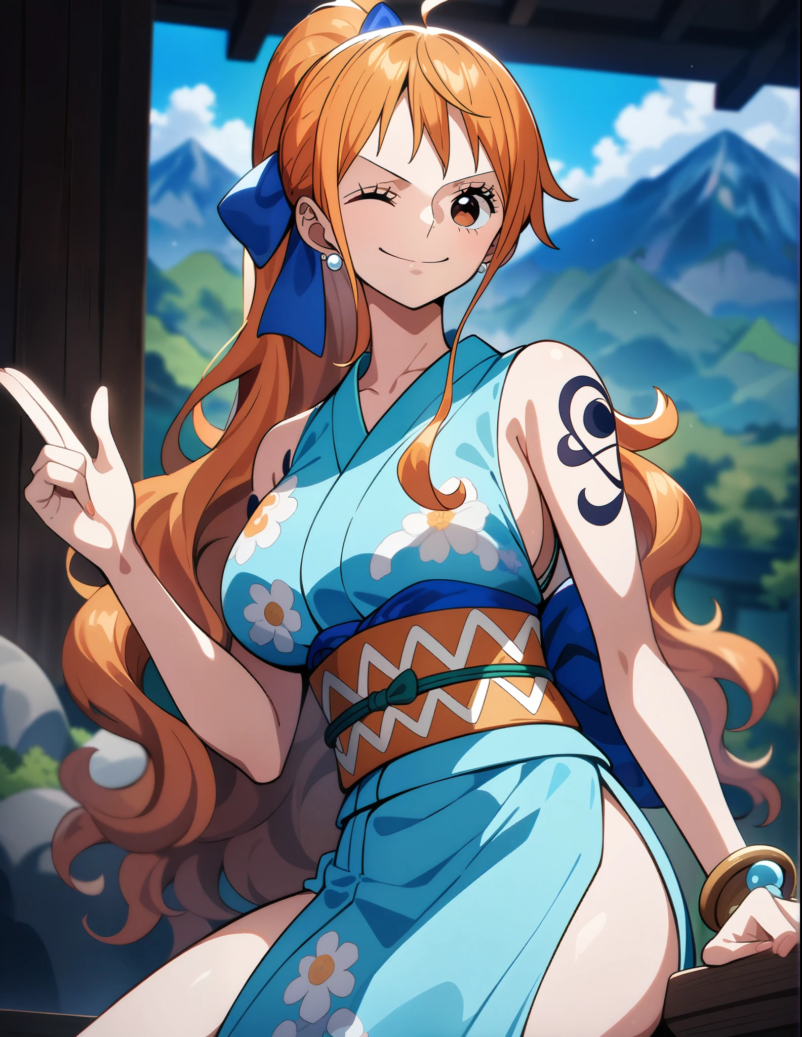 2d, (NSFW),masterpiece, best quality, anime, highly detailed face, highly detailed background, perfect lighting, wano, nami, one piece , 1girl, solo, one eye closed, long hair, smile, jewelry, sash, japanese clothes, obi, orange hair, kimono, bow, light blue kimono, flower, flower print, earrings, looking at viewer, sleeveless kimono, ahoge, ribbon, hair bow, sky, day, bracelet, sleeveless, ;\), blue bow, outdoors, breasts, cloud, closed mouth, ponytail, blue sky, brown eyes, orange eyes, left shoulder tattoo, bare shoulders, very long hair, sidelocks, bangs, collarbone, upper body, left arm tattoo, bare arms, official alternate costume, blurry, hand gesture, alternate costume, large breasts, blurry background, pink nipples and areolas,  trimmed  pubic hairs, eyelashes, mountain, parody, cloudy sky, sitting, shiny hair, bangle, wavy hair, 