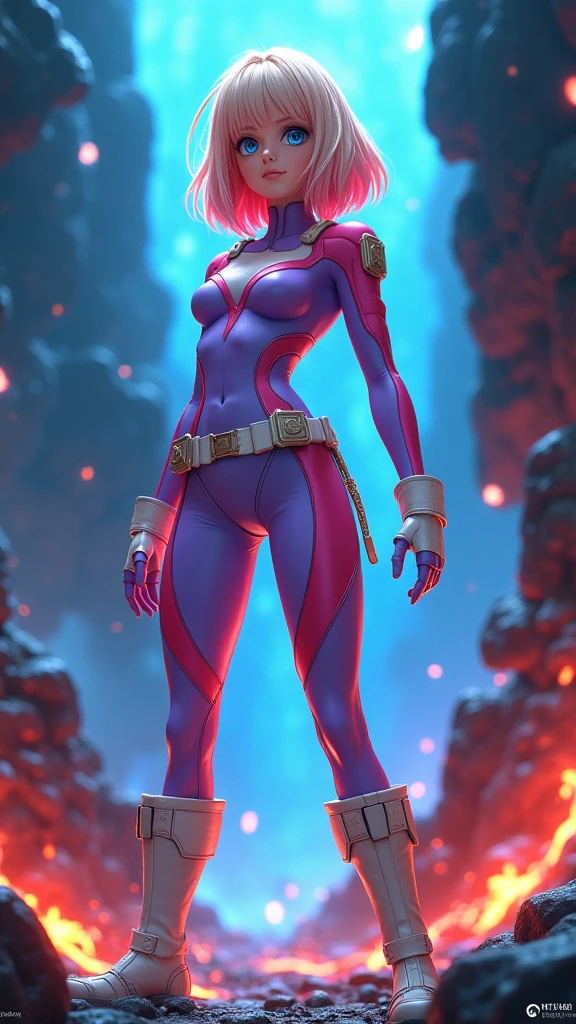 Woman is flying through the air, render 2D, muscular! cyberpunk, muscular ultraviolent woman, bodybuilder superhero bikini, simplified pink armor, pink iconic character, laserpunk full-body suit, smooth pink armor, full body with dynamic pose, full body rendering, posing as a jojo character, powerful dramatic pose