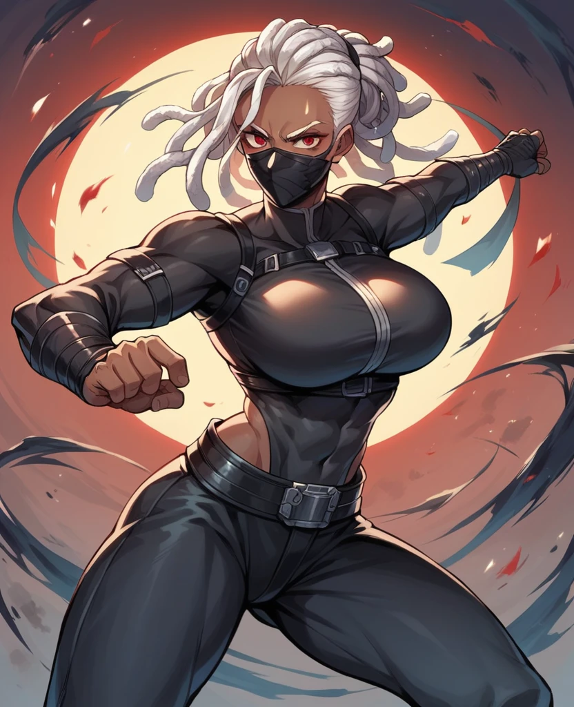 closeup of a female with dark skin, white hair, with a serious expression, wearing a black leather jacket, and a black tube bra, looking at something, at night, HNKstyle, 80's anime,