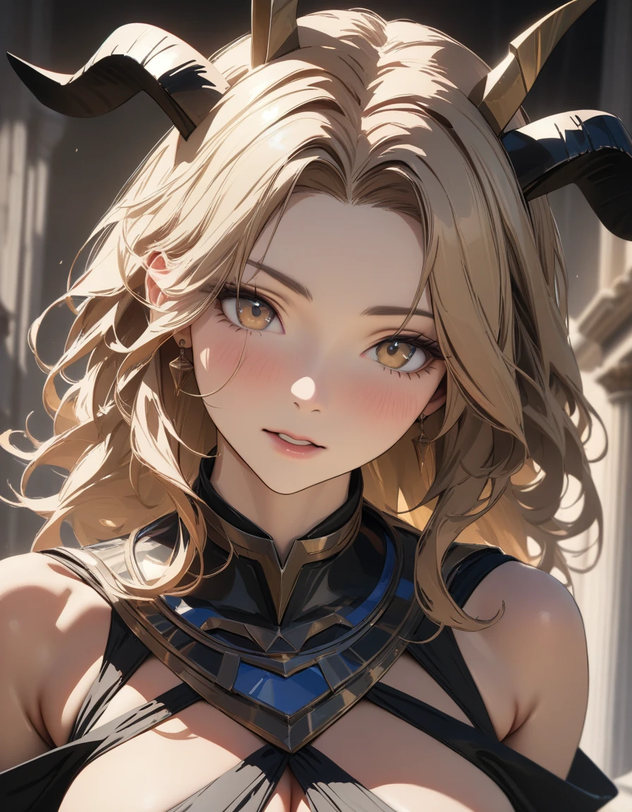 (super detail, high details, best quality, highres, uhd, 16K, masterpiece:1.2, Highest quality:1.25, anatomically correct:1.25), Black goat head, Adult female, Blonde, Ancient Greek women&#39;s costume, Glamour:1.3 Big:1.3, Cleavage, Animal hair, 