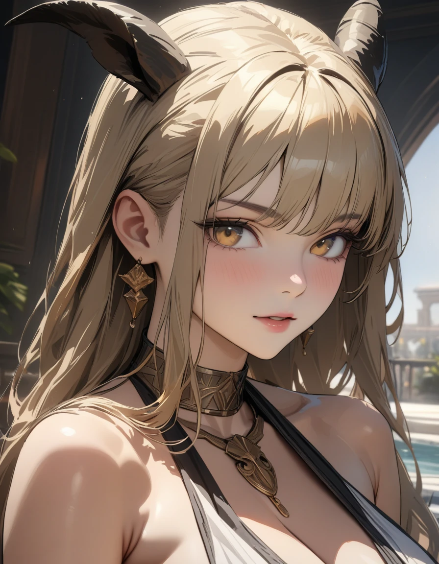 (super detail, high details, best quality, highres, uhd, 16K, masterpiece:1.2, Highest quality:1.25, anatomically correct:1.25), Black goat head, Adult female, Blonde, Ancient Greek women&#39;s costume, Glamour:1.3 Big:1.3, Cleavage, Animal hair, 