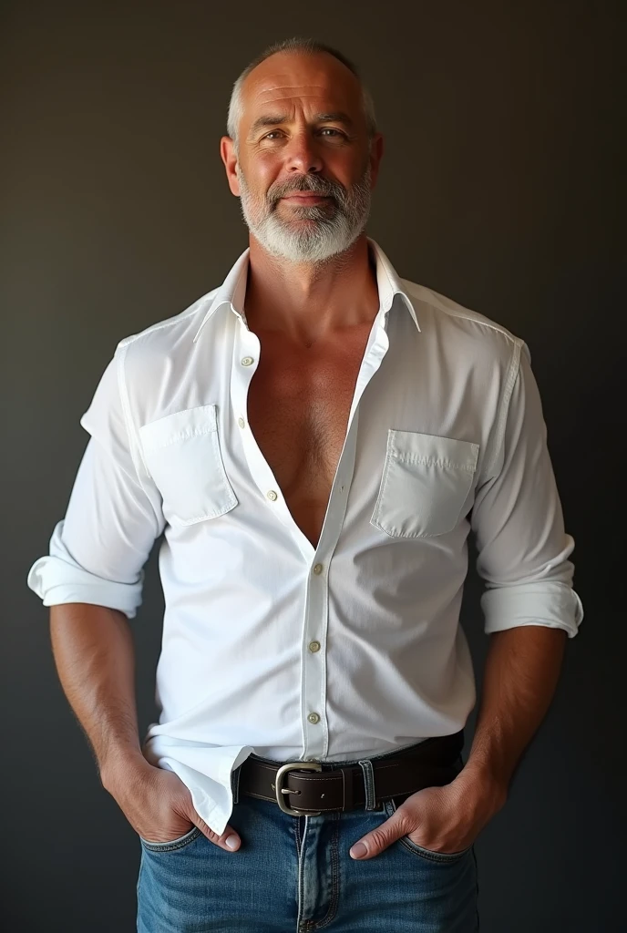 (handsome man), 34 year old white man, wearing white knee-length shorts, wearing no shirt, full body visible, in front of an art deco stained glass window, golden hours, (brawny:1.3), short beard, short brown, slightly gray hair, gazing at viewer, Detailed light green eyes, Prominent nose, symmetrical strong face, naïve smile, chunky, seen from the front, sitting in a meditation position.