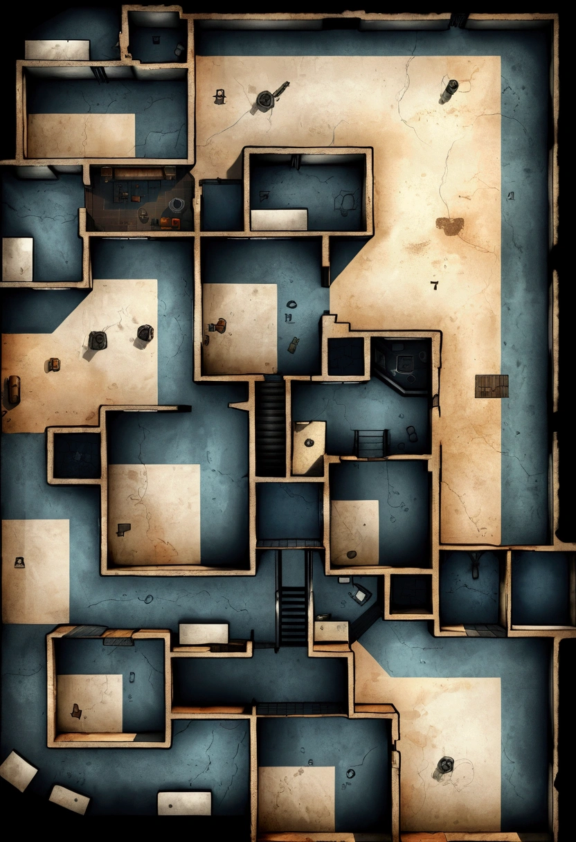 2D flat map, top-down view, bunker layout based on provided sketch, minimal depth, clear floor plan, simple, flat design, Amnesia The Bunker map style, parchment texture, thick black outlines, detailed inside rooms, functional map, survival horror, industrial feel, strategic layout, old paper, dark post-apocalyptic atmosphere, flat, minimalist, clean lines, cold and eerie, no decoration outside square borders, follow the sketch layout exactly, thick black outlines
