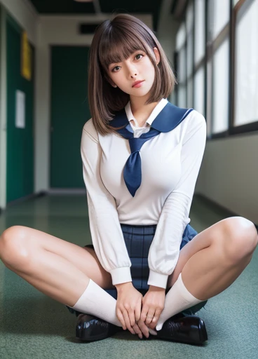 Pure Japanese school girl, outstanding body, beautiful legs, wearing uniform, natural hairstyles, sweet smile, sexual attractive, sitting, refreshing in early summer, 