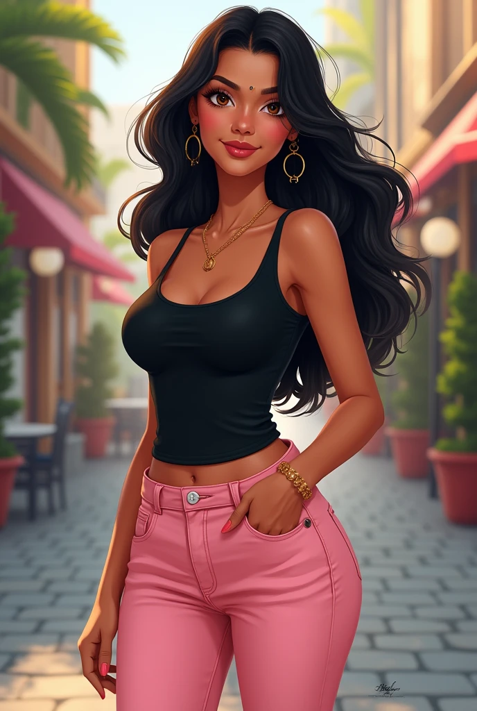 Cartoon rich beautiful villain look filipina mom with a straight hair raising one eyebrow wearing bright pink dress and gold jewelries shopping wearing big glasses carrying shopping bags