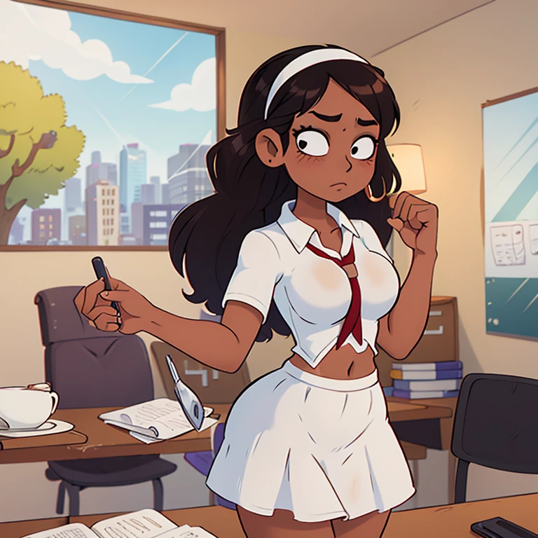 1girl Masterpiece, high quality, high resolution, volumetric lighting, subsurface scattering, 8k, Beautiful woman, (dark skin), phillipino, college student, white school uniform, (wide-hips), (large breasts), (white tight-shirt), (cotton-skirt:1.2), wavy hair, headband, hoope earings, classroom, defiant pose, thick thigh, frowning, Looking at viewer, stood up, distrusting expression 