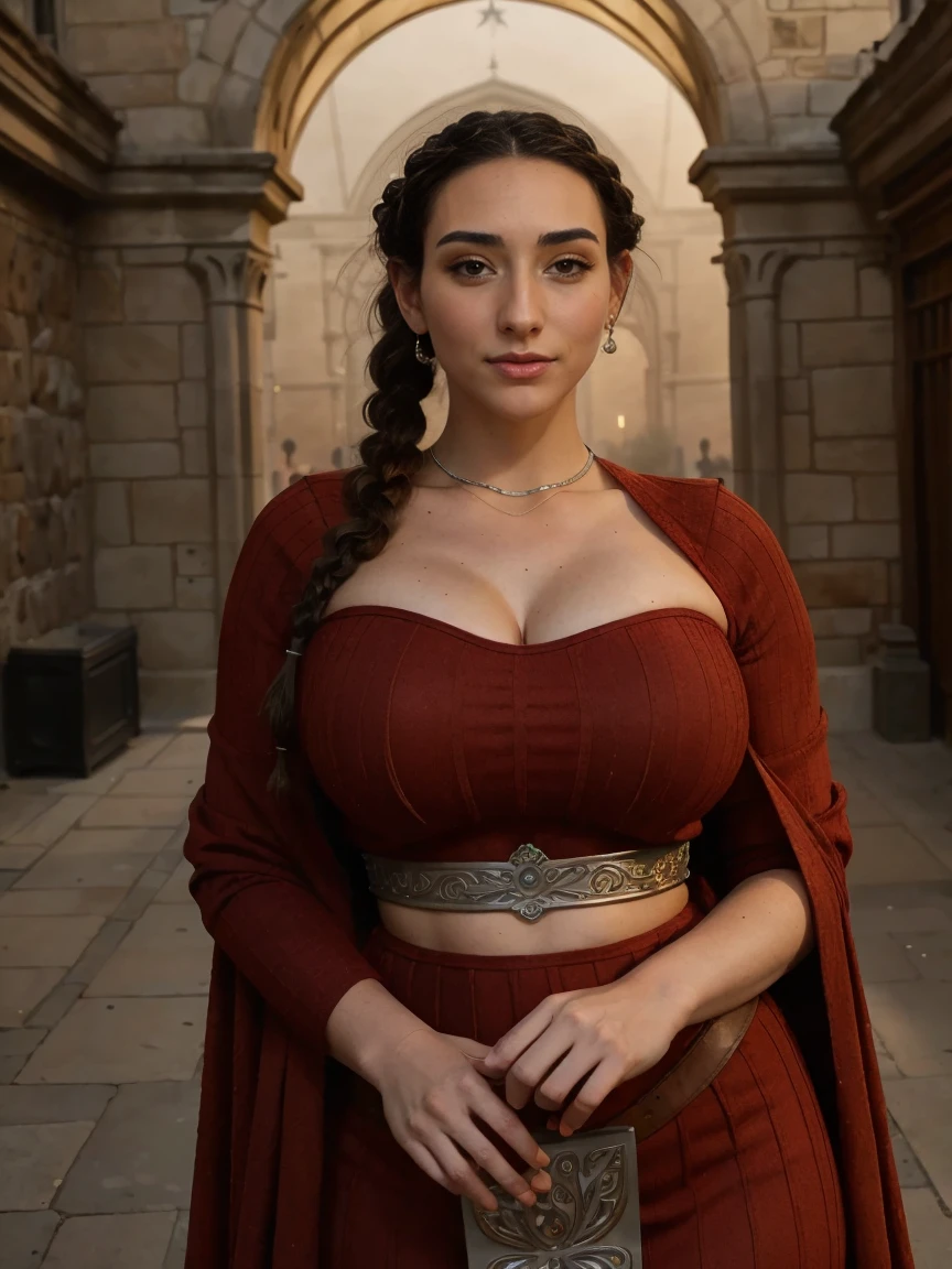 Beautiful and sensual busty athletic (fine tune) brunette queen with striking facial features wearing a dark red medieval dress, long sleeves, intricate patterns, arabesques, Wide neck, long robe, modest dress, tight bodice, silver belt, (waist chain), medieval jewelry, middle Ages, castle, wall, wand, exterior, on top of a castle wand, Trees, hinterland, natta, sunset. breasts big. (Crown Braid, Braid, coiffure)