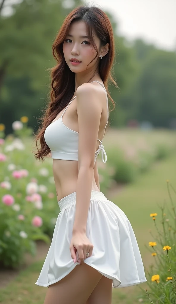 (Best Quality, Masterpiece: 1.2), Portrait, Breasts, Outdoor, 25-Year-Old Woman in the Garden: 2, White Miniskirt, (Pale Yellow Flower Confusion in the Background: 1.3) Same character, different costume, different angle, backlight: 1.5, rich skin detail: 1.5,