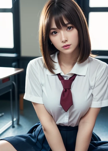 ((Tabletop, Highest quality, High resolution, Hmph, Pixel perfect, 4K, Hmph, Hmph))), One Girl, single, alone, Beauty、The whole body is visible、 ((Short Wavy Hair, bangs, Brown Hair)), ((Brown eyes, Beautiful eyelashes, Realistic eyes)), ((Detailed face, blush:1.2)), ((Smooth texture:0.75, Realistic texture:0.65, Realistic:1.1, Anime CG style)), Medium chest, Dynamic Angle, Perfect body, ((Red bow tie, school uniform, , White shirt, Black Skirt, Checked skirt))、School classroom、evening、squat、Stand on one knee、Spread your legs、 (Touch the skirt with both hands、White floral panties)、