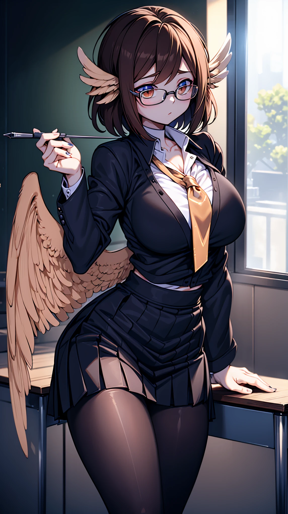 teacher，女teacher，A badge is hung around his neck，classroom，Brown hair short hair，Glasses，Glasses，Large Breasts，Big breasts，thigh，黑色thigh，Hip skirt，Hip skirt，Hip skirt，Short skirt，Hip skirt，No pleated skirt，tight skirt，黑色Tights，Tights，肉乎乎的thigh，Thin waist and wide hips，Blackboard background，wing，wing，Owl girl，wing，wing，大号wing，大wing，wing，褐色wing，褐色wing，猫头鹰wing，Ear fins，Ear feathers，wing耳朵，Feather ears，wing，背后长着wing的女孩，wing，wing，wing