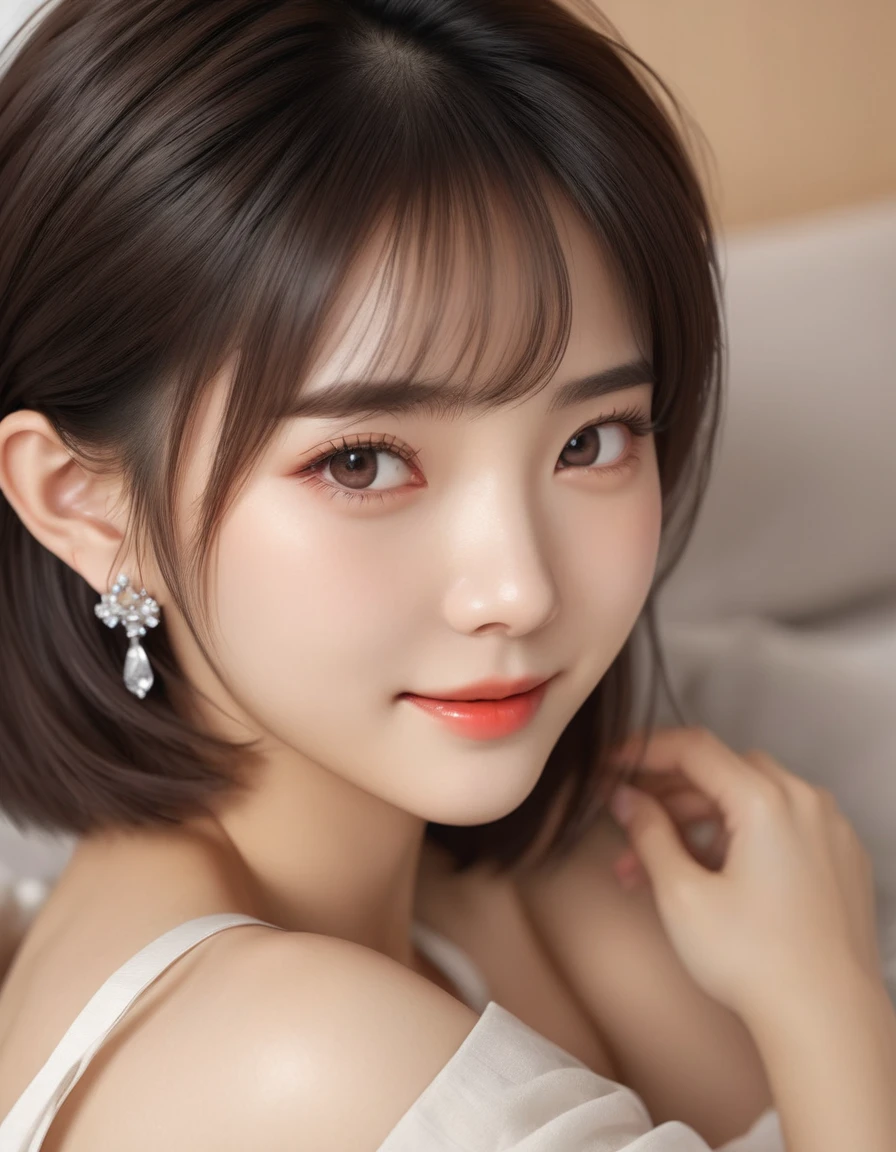 (Best quality, High resolution, Masterpiece :1.3),Japanese, cute woman, 20-year-old, short bob, young, Cute smile, alone, smile, head tilt, (good:1.5), ulzzang-6500v1.1, (original: 1.2), (realistic: 1.3) , beautiful girl with beautiful details, highly detailed eyes and face, Beautiful eyes in every detail, absurdes, incredibly absurdes, huge file size, Super detailed, High resolution, highest quality, Super detaileded and beautiful, Super detaileded, CG, unity, 8k wallpaper, wonderful, small details, masterpiece, highest quality, extremely detailed CG unity 8k wallpaper, cinematic lighting, (perfect shiny skin:0.6), slim and smooth lines, (floating), (small breasts:1), diamond earrings,perfect hips, Pose that emphasizes the buttocks, sitting on the bed, spread your legs, show me your crotch, open your legs, Don't hide your crotch, Bedroom,turn around, beautiful hip line, ImgFixerPre0.3