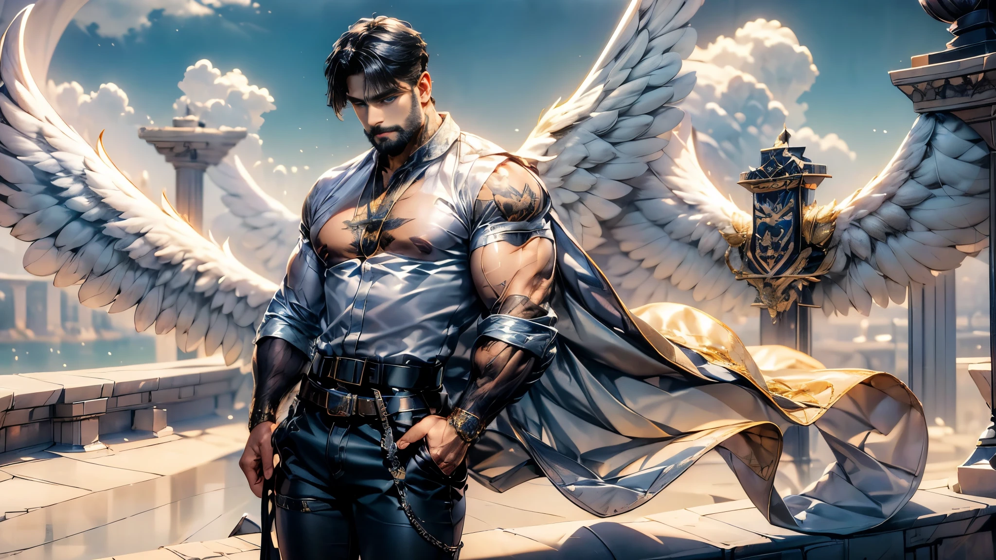 Daegan(1), male_character, detailed_face, no more characters, angel wings (symmetrical style), blue eyes (iris color), medium beard, black hair, wearing plaid shirt, chaps, belt, silver belt buckle, cowboy pants, normal thighs, denim shirt, western shirt, black jacket, red neckerchief, tattooed, visual harmony, epic scenery, extremely detailed CG unity 4k wallpaper, best quality, amazing quality, very aesthetic, (ethereal particles:1.1), (dynamic pose:1.2), (epic soundtrack:1.2), (sense of awe:1.1), (magical prowess:1.1), over power, power up, sphere, extreme, focused.