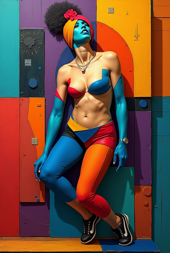 artistic nude, bella mujer, cabello rubio, ojos azules, brown skin, 20 years, bodypaint con los colores de la bandera de Colombia, alta calidad, hiperrealista, Photography