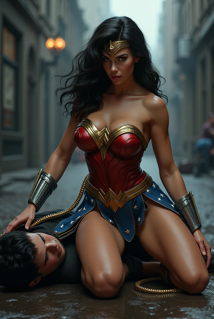 ((highest quality)), (8k, highly detailed, high-detail RAW color photography, masterpiece: 1.2), (realistic and realistic photo: 1.4), realistic room with (blurred background, depth of field), accurate perspective, (depth of field:1.2), cinematic lighting rendering, photon mapping, physics-based rendering, Wonder Woman embraced by a man, man wearing a black jumper, jeans, and arms around Wonder Woman's waist, Wonder Woman puts both hands on the man's arms, empowering, Wonder Woman, mouth open, frowning, pain, heavy breathing, closed eyes, (intricate details, makeup), (delicate and beautiful delicate face, delicate and beautiful delicate eyes, perfectly proportioned face), (realistically moist skin: 1.2), (drenched body: 1.2), (wet skin), wet hair, delicate skin, strong and realistic blue eyes, realistic black hair, lips, makeup, natural skin texture, tiara, jewelry, Stars \(symbol\), leotard, bulletproof gauntlet, red boots, golden girdle, (public clothing: 1.5), bare shoulders, slightly sunburned complexion, mature, sexy, elastic muscles, (muscles:1.2), ((strong and healthy body)), ((((more) muscles))), long legs, curves, (big breasts: 1.3), thin waist, soft waist, (delicate skin), (beautiful and sexy woman), (swollen lips: 0.9), (eyelashes: 1.2), very delicate muscles,