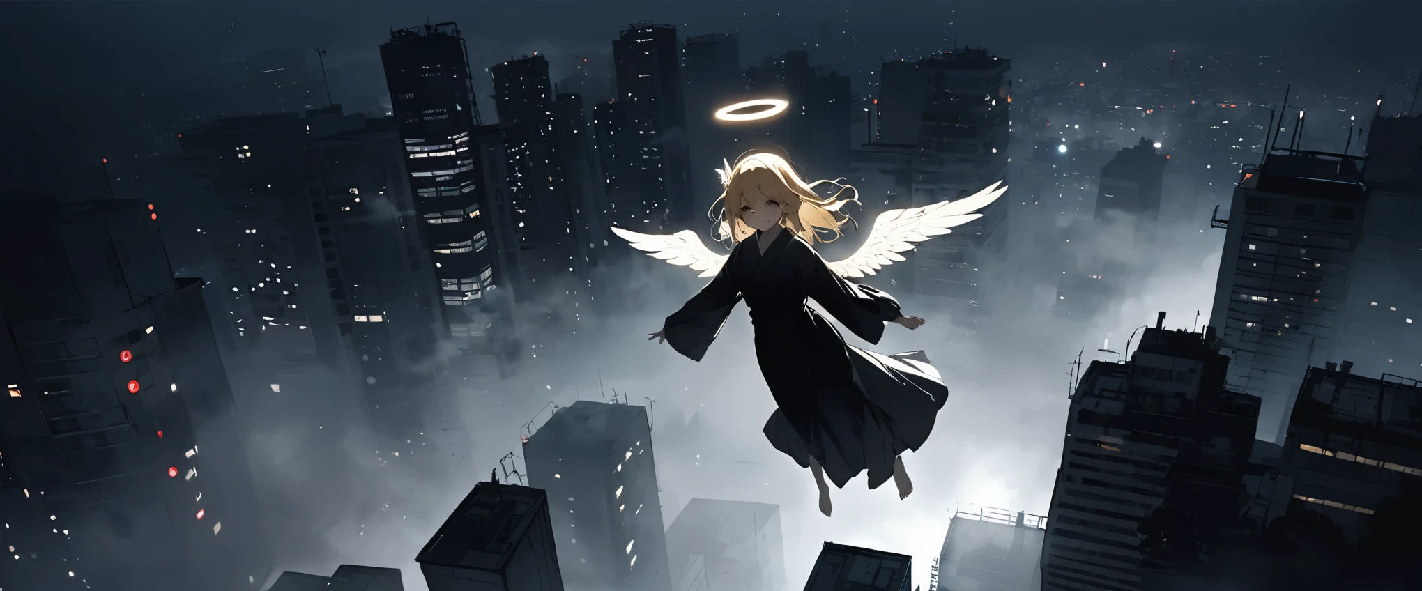 In the fogでの美しさ,In the fog。Angle from above。Foggy Sky。 darkness。Spooky atmosphere。Japan。City of Concrete。A huge building in the distance。Dark atmosphere without light。night,Chiaroscuro,Skyscraper。A little angel girl is flying in the sky。Blonde。Black Robe。Beautiful feet。Angel Wings。Angel Halo。