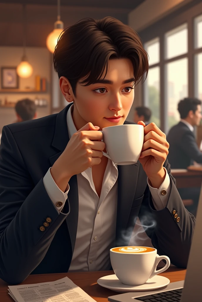 A boy, dark wind, suit, sunshine, drinking, eating late-night snacks, nightfall