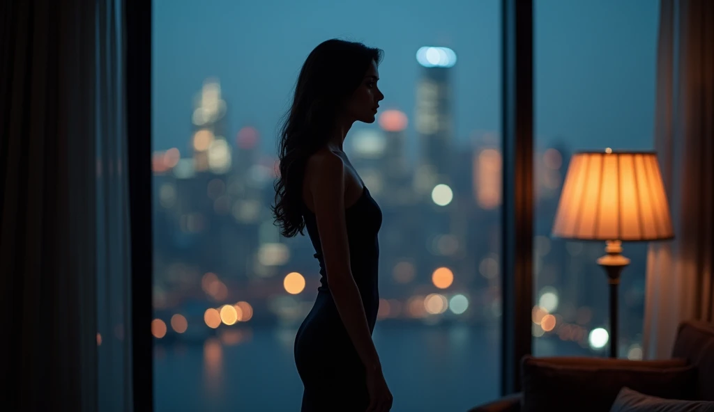 african girl, 19 ans, long black hair, in a large luxury modern living room, tan furniture, dark lighting, night, panoramic view of italy out of the window, naked