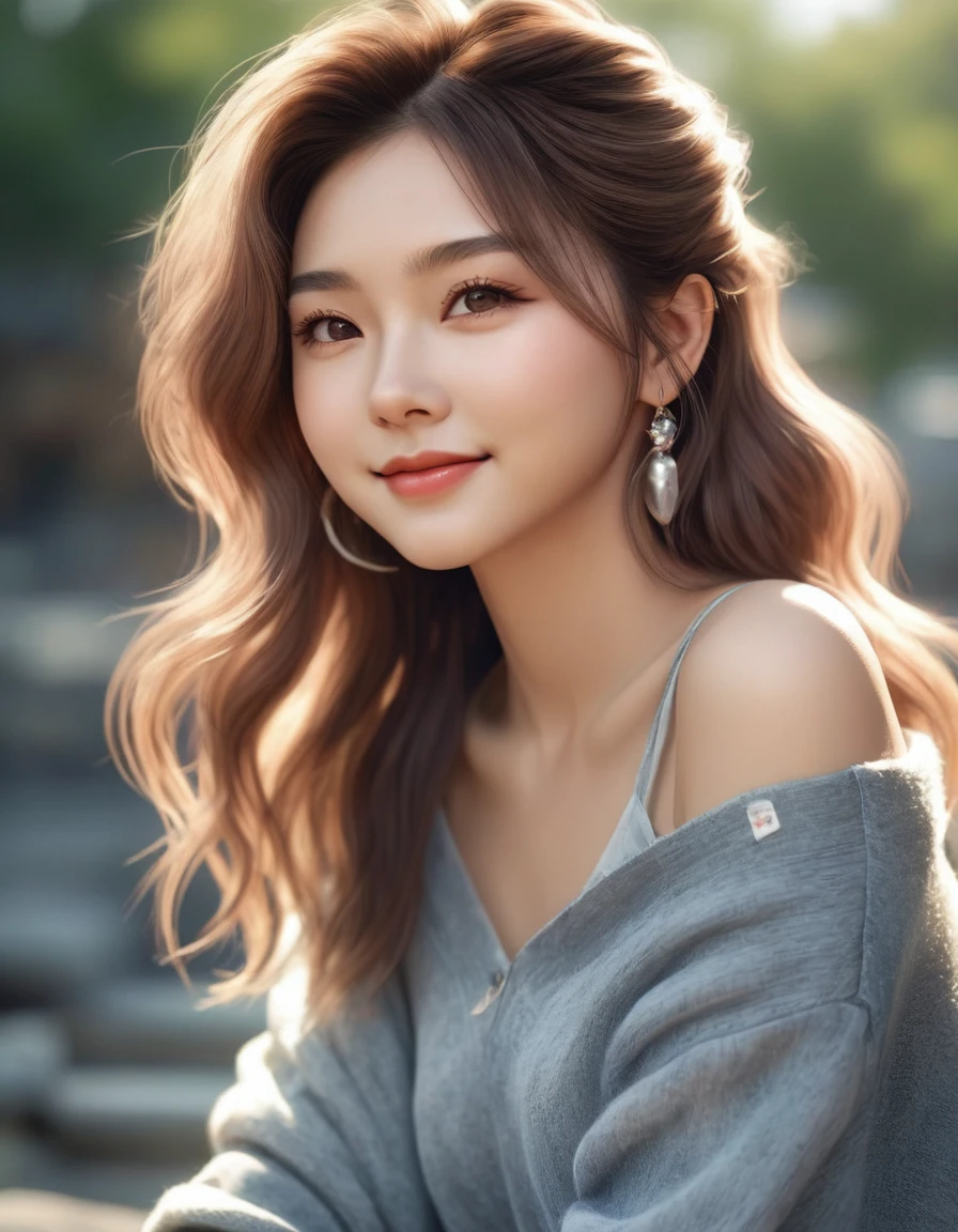 (Best quality, High resolution, Masterpiece :1.3),(highest quality, masterpiece:1.3, ultra high resolution), (Super detailed, caustics, 8k), (photorealistic:1.4, RAW shooting), 1 girl, (look at the camera with a smile), 20-year-old, cute, Japanese, gradient hair color, Wolf Bob Kat hairstyle, ponytail hairstyle, Natural lips, (Cropped sweater, ripped jeans), wearing earrings, cleavage, Modern Place Background, bust up shot, face focus, Natural light, Backlight, (A bright light shines from above), (Lens flare), professional writing, perfect bodies, perfect arms, Perfect fingers, perfect legs, perfect hair, pores, Realistic skin texture, perfect teeth, (low position), (Low - Angle), ImgFixerPre0.3