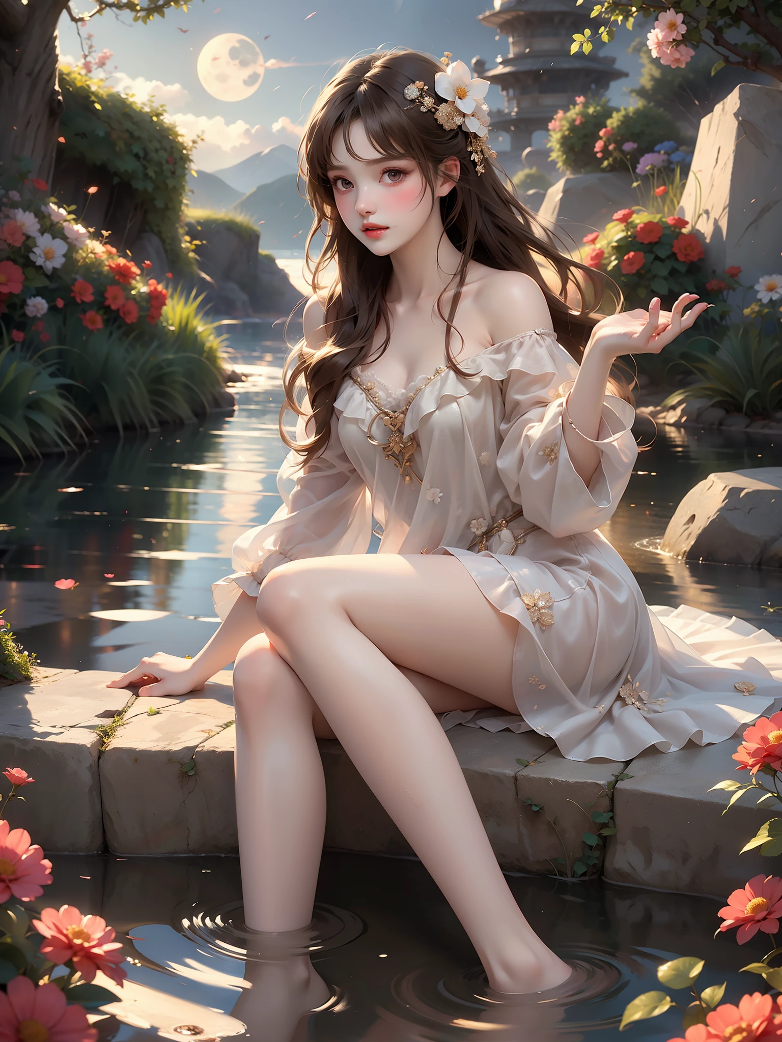 summer4 (High quality details), 1 Girl, solo, Young women, Elegant Posture, ((night, moonlight)), (Female figure，Lying in the water naturally，River Water，rock, Relaxed expression), (Focus on natural body posture and correct anatomy:1.3), (Perfect leg proportions:1.3)，(True and accurate leg shape:1.2), ((Natural leg position)), The skirt is very short, One hand stroked the hem of the skirt, Lift the hem of your skirt, Bare shoulders, Natural posture, Soft expression, Exquisite makeup, Soft blush, Bright Eyes, Soft lips, Flower fairy style, ((Anatomically accurate)), (Real natural legs), Smooth skin, Soft lighting, high resolution, 8K Ultra HD, Clear focus, Professional photography effects, Random elegant scenes, Multi-angle shooting