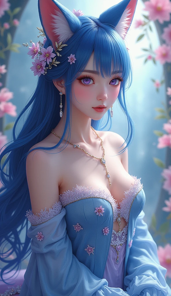 Image from above, sitting on the floor, ((1 woman, Alone, sexy, cyan blue hair, very long hair with neon light effect, intense bluish makeup, blue lips, rainbow colored eyes, Fine and detailed face.)) ((She is dressed in translucent and pearly ethereal clothing with blue feathers of exotic birds., usa un Pearl Necklace, She has pearls and blue feathers all over her dress.)). sitting and posing with mystical essence, looking to the camera, innocent expression. ((al alba, light particles, sun rays illuminate it)) ((Around: mystical fluorescent tree of blue colors, pink and purple, The leaves fall softly, wind, Morning dew, magic light)) ((realist, photo-realist:1.3), Masterpiece, extremely detailed pale body, raytraced, 8k quality, whole body, sitting under the tree, Pearl Necklace))