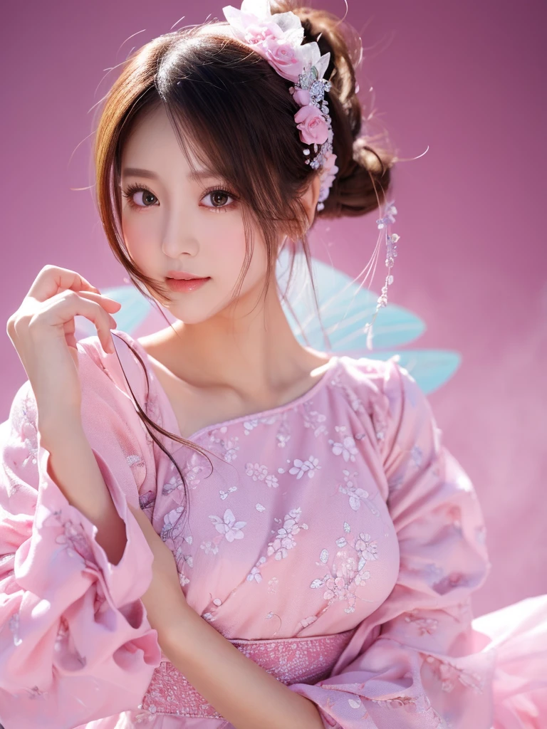 （8k、High image quality、High resolution、Fine details）High resolutionの顔、1、 Beautiful detailed eyes、Natural Makeup、Korean Idol、Ultra wide angle、Pink Background、White puff sleeve dress、Fairy tale