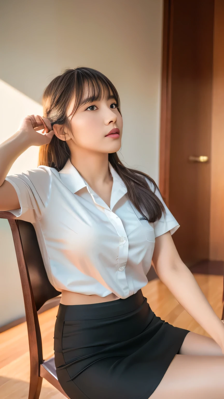 Highest quality, Masterpiece, high resolution, Real photos, raw photos, 8K wallpaper, flawless, professional lighting, very detailed, Depth of the written region, Thai girl,White short-sleeved shirt,Short black pencil skirt,sit in a chair,Cross your legs.,University,Looking up from the legs