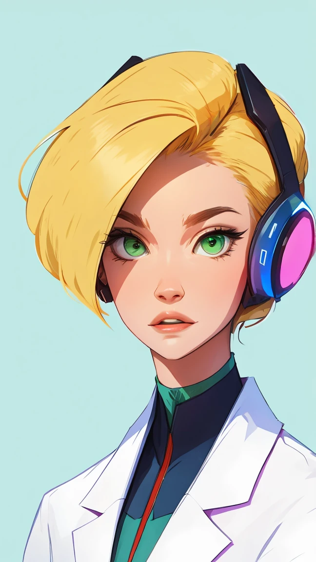 futuristic female scientist in white background, blonde hair, green eyes, half body