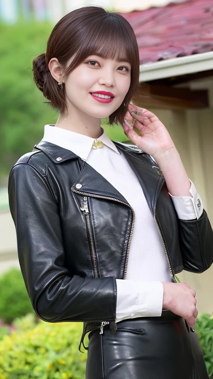 最high quality, 8k, Vibrant, Sharp focus, high quality, High resolution, Middle-aged women, Mature Woman, 5, (Full Body Ezbian), (High heels face detail, Highly detailed eyes, Plump figure、Plump face、((big 1.6))、((Black leather clothing))、garden、Random Hairstyles、A kind smile、Very short hair、(Standing posture、Leather skirt、leather jacket、Leather Fashion)、