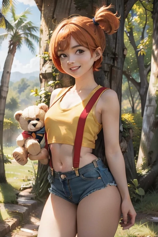 1girl, shorts, orange hair, misty, side ponytail, short shorts, short hair, solo, crop top, denim shorts, looking at viewer, thighs, midriff,, yellow shirt, navel, suspender shorts, bare shoulders, blue shorts, (red suspenders:1.2), face, trees, blue sky, cleavage, collarbone, open mouth, (busty:1.3),  happy, smile, , hugging teddy bear