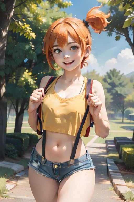 1girl, shorts, orange hair, misty, side ponytail, short shorts, short hair, solo, crop top, denim shorts, looking at viewer, thighs, midriff,, yellow shirt, navel, suspender shorts, bare shoulders, blue shorts, (red suspenders:1.2), face, trees, blue sky, cleavage, collarbone, open mouth, (busty:1.3),  happy, smile, , hugging teddy bear