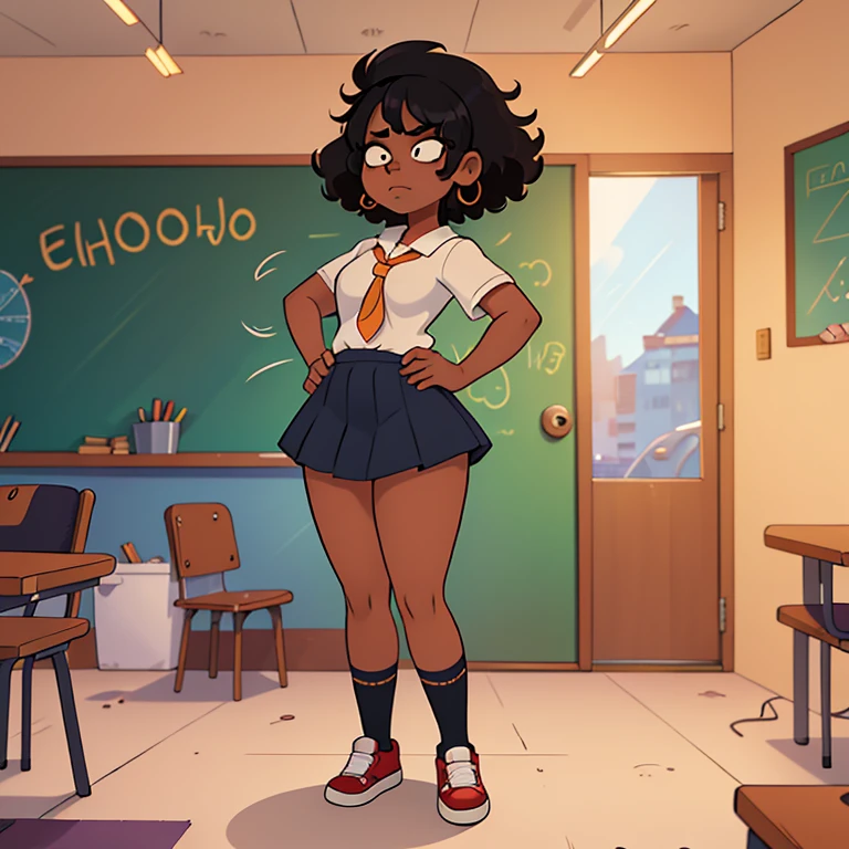 HD, dark skinned, young girl,  8, humanoid, honey, black afro hair, (((afro hair))), Jackie Parris, ((((Jackie Parris)))), full body cgsociety, 3 d character art, full character body, detailed full body concept, stylized character, erotica, ((young girl, 1girl, age), ((complex detailed background, inside, school, classroom, bright lighting)), chubby, small, short, action pose, smiling, wearing 