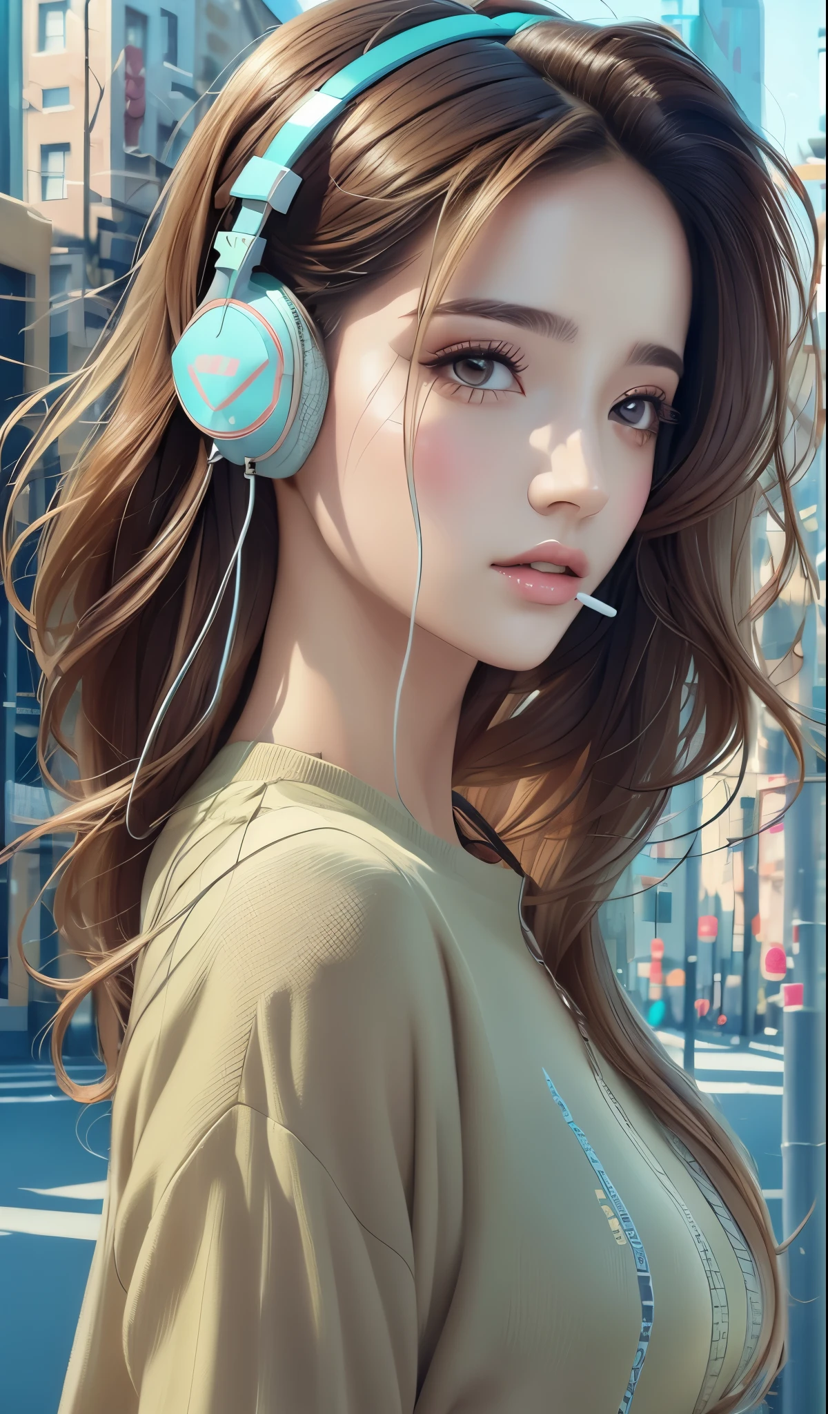model girl wearing headphones, city background, brown eyes, intricate details, aesthetically pleasing pastel colors, poster background,